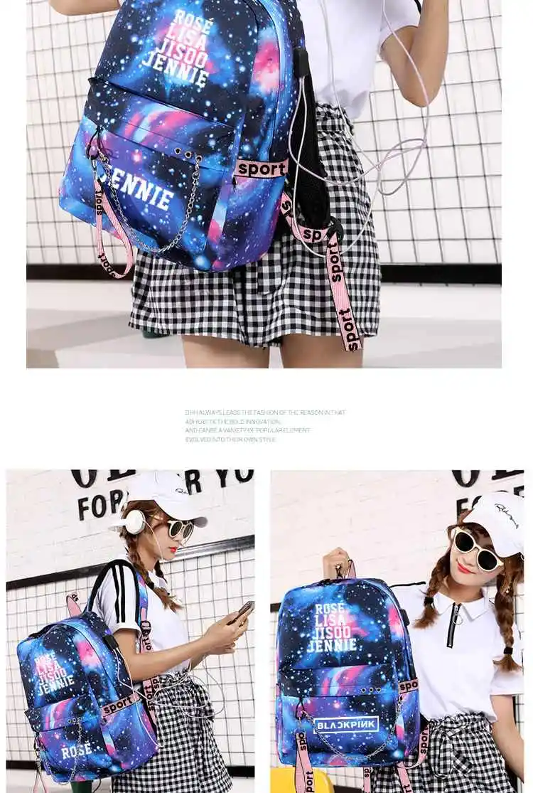 Blackpin Backpack Girl JISOO JENNIE ROSE LISA School Bags Girl South Korea USB Charging Schoolbag
