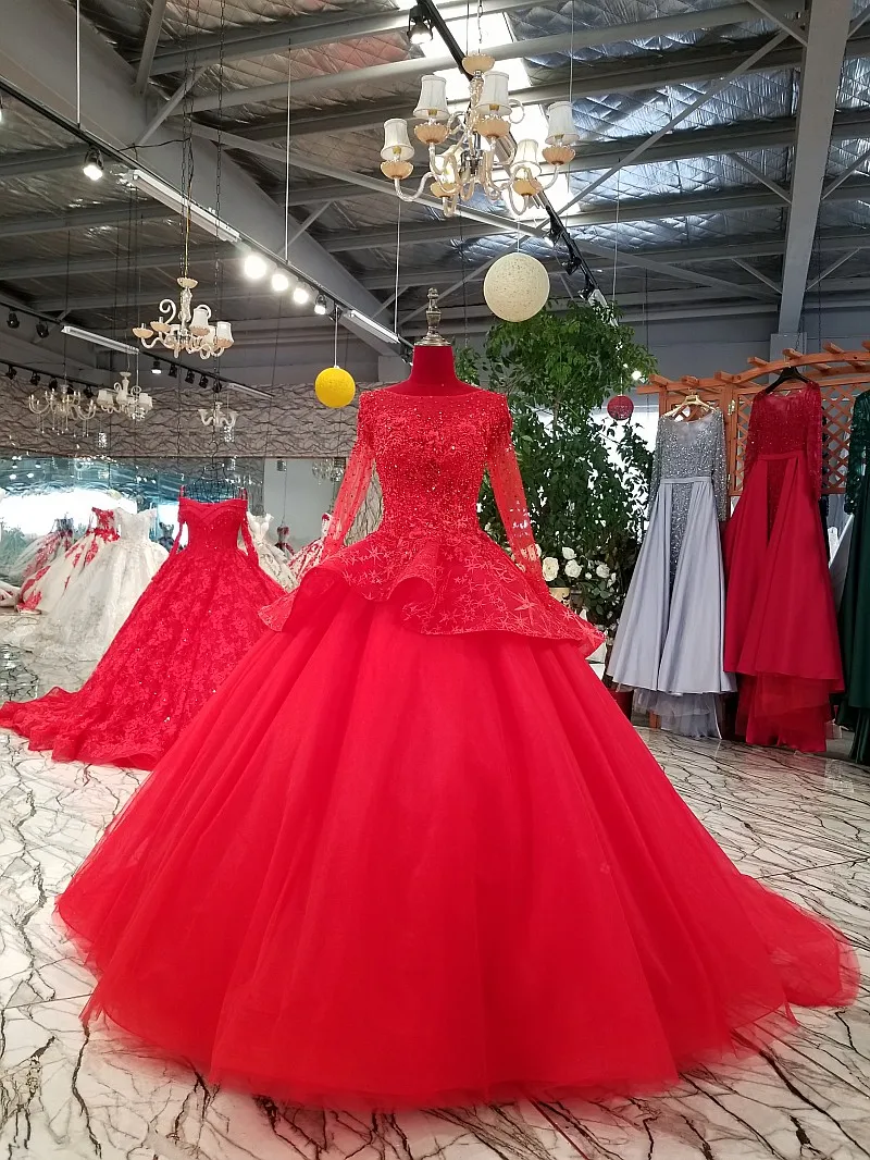 red ball gown long sleeve