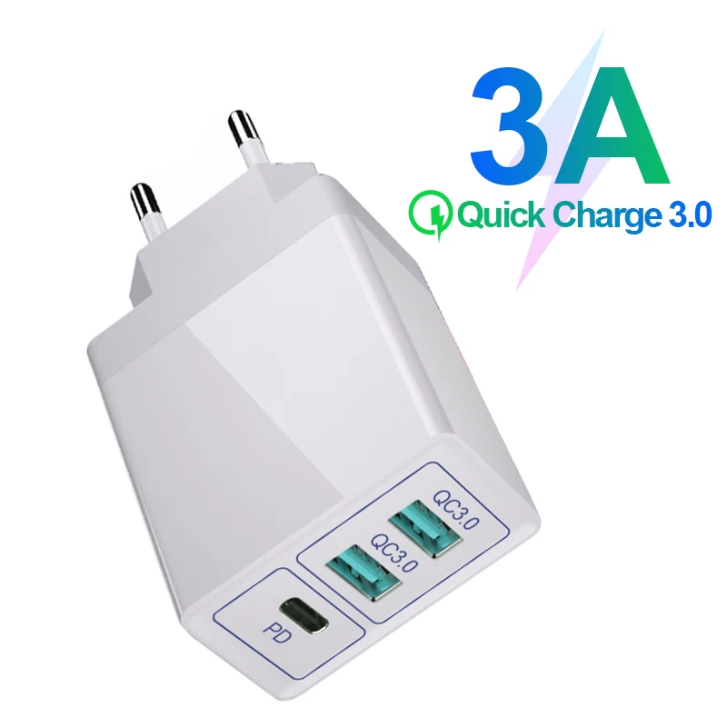 

3.0 USB Charger 30W Fast Charge Double Plug Wall For Mobile Phone Quick Charge For ios Andriod 3 Ports Adapter PD QC 3.0 Charge