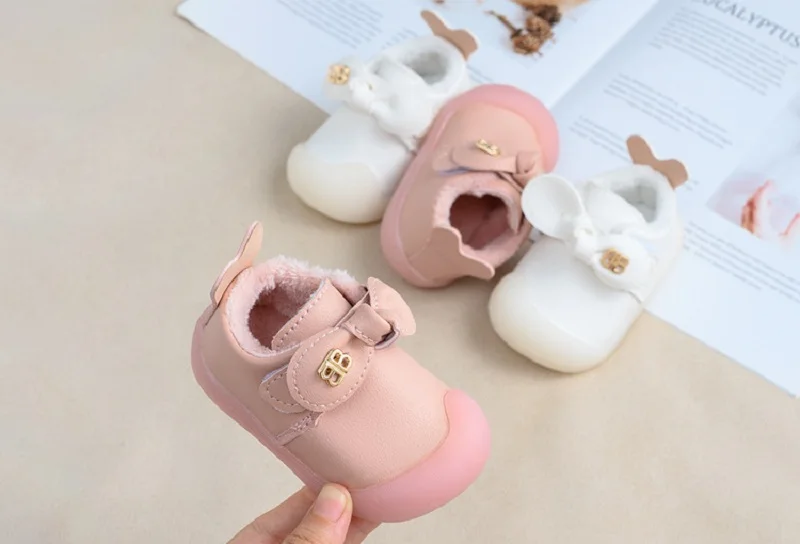 Милая детская обувь принцессы; kawaii; розовая кожаная обувь для девочек; плюшевые зимние ботинки для малышей