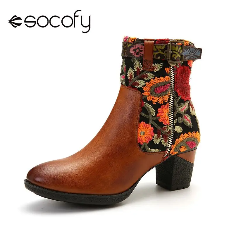 SOCOFY Retro Embroidered Boots Pattern Genuine Leather Stitching Zipper ...