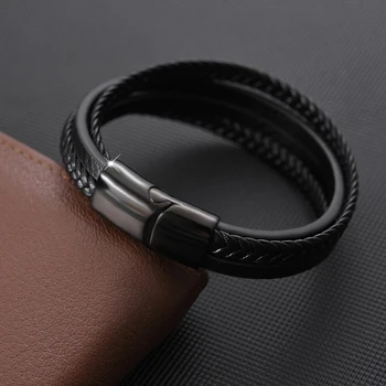 MingAo Fashion Punk Custom Tennis Stainless Steel Chakra Leather Men Name Black Bracelets Charms Initial jewelry For Women