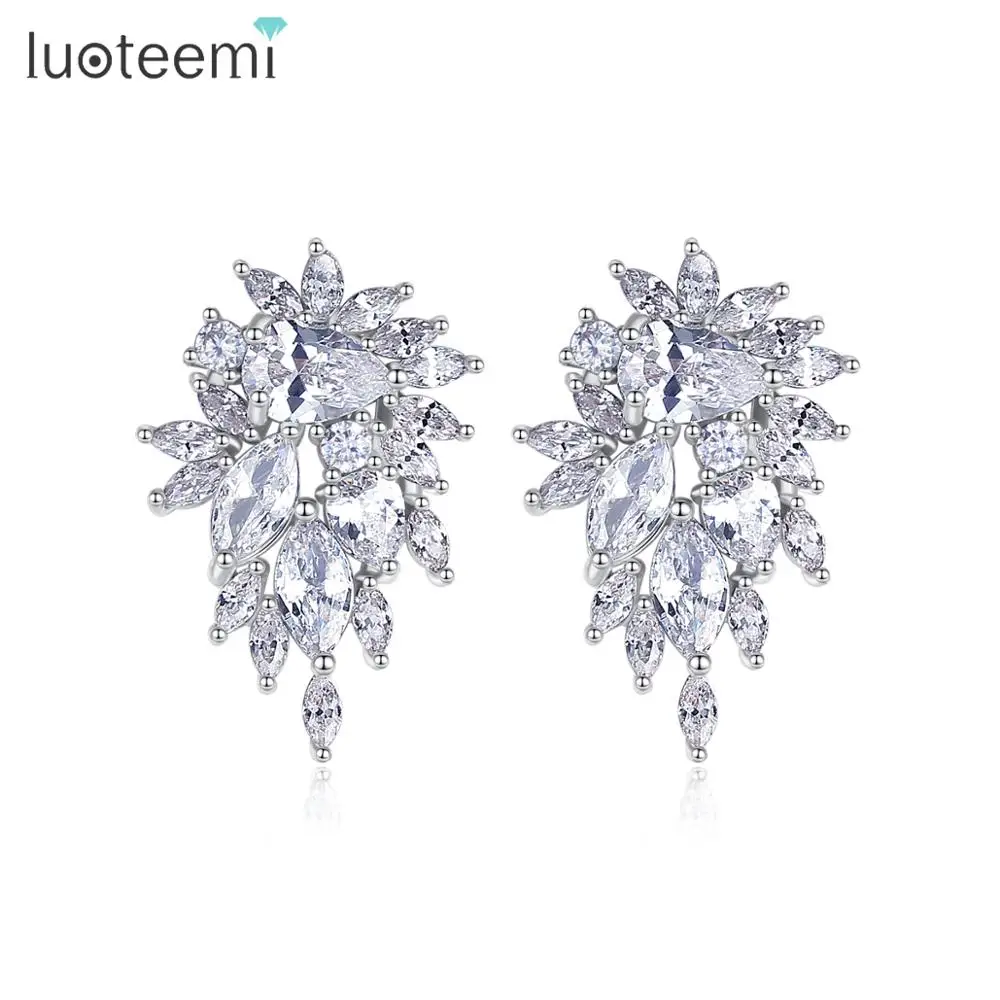

LUOTEEMI Trendy Design Flower Stud Earrings for Women Bridal Wedding Water Drop Cubic Zircon Luxury Fashion Jewelry Gift Brincos