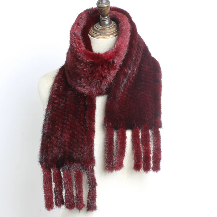 Зимние женские вязаные шарфы ручной работы из натурального меха норки, шарф с кисточками из натурального меха норки, шарфы из натурального меха норки - Цвет: wine