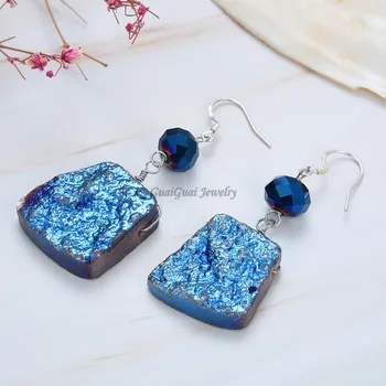 

GuaiGuai Jewelry Titanium Blue Color Quartz Druzy Silver Lever Back Earrings