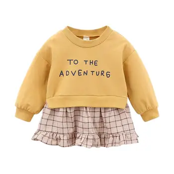 

Temperament Long Sleeve O-neck Princess Dress Baby Kids Girls Lovely Letter Plaid Simple Generous Splicing Dresses
