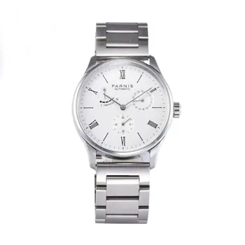 

Parnis 42mm white dial silver hand power reserve indicator automatic movement mechanical men's watch