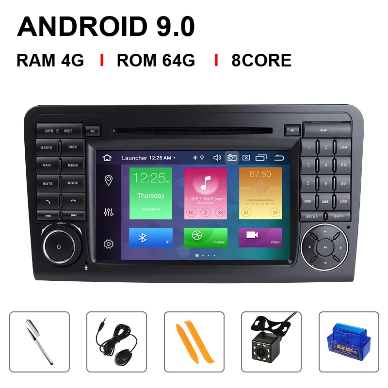 8 Core 64ROM OBD Cam 4 Гб+ 64 Гб 2 din Android 9,0 автомобильный dvd-плеер gps для BENZ ML 320/ML 350/W164(2005-2012) GL gps радио FM ips DSP стальное управление колесами - Цвет: 8 Core 64ROM OBD Cam