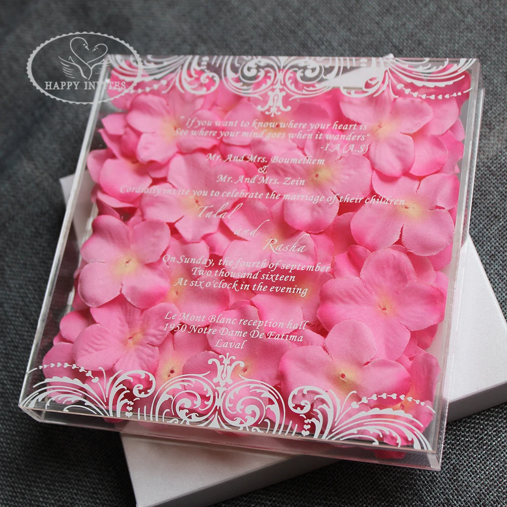 HI4081-02 Fantastic Clear Acrylic Box Invitation with Pink Flowers Decorations with White Writing Factory Price Made in China