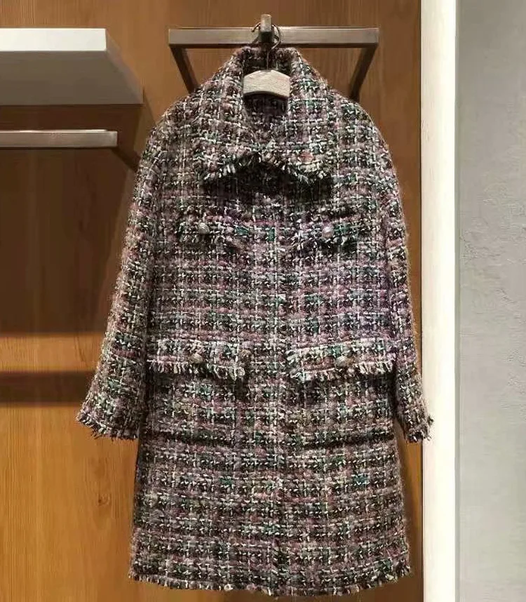 Autumn women's sweet pocket overcoat Korean style loose plaid tweed coat B104