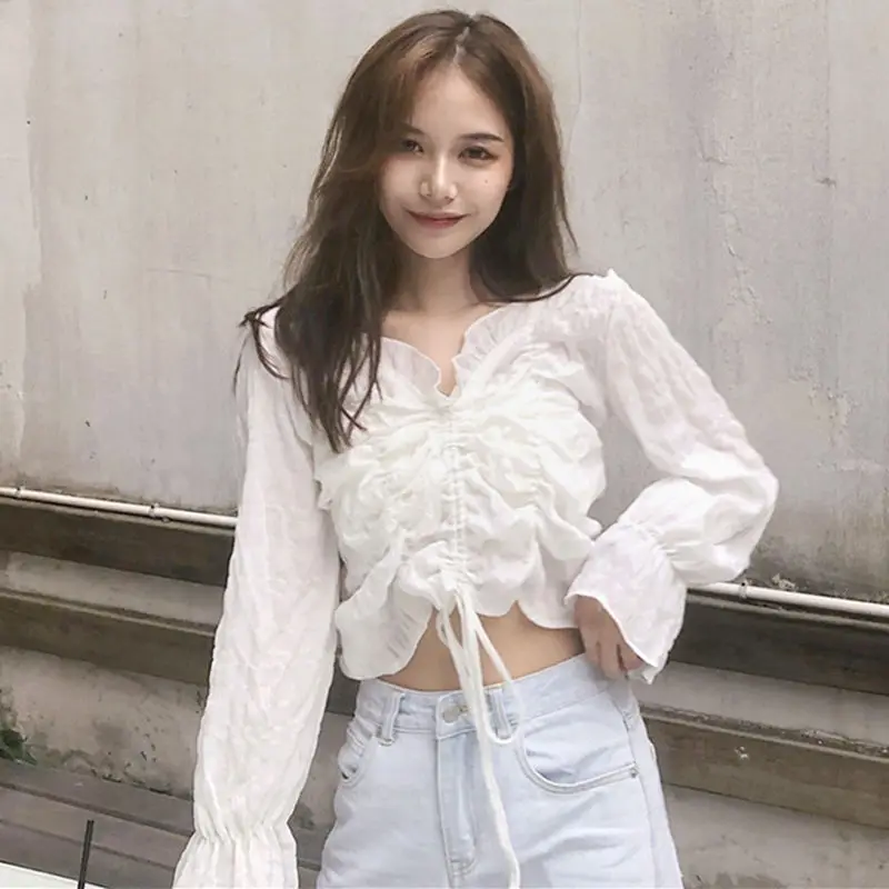 

2020 Summer Women's Short Shirt V-neck Long-sleeved Lace-up Drawstring White Blouse Korean Style Loose Casual Top X203