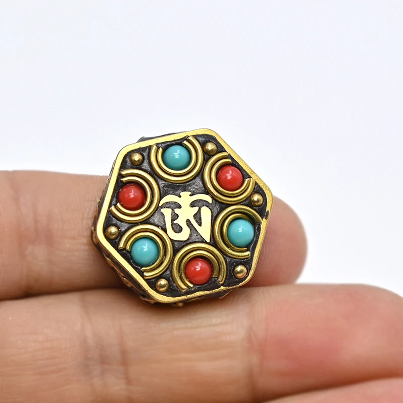 TZB01 Antique Nepal Handmade hexagon Brass With Synthetic Coral And Turkey stone Bracelet DIY Bead For Necklace Making | Украшения и