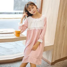 Женская летняя Пижама кружевная розовая ночная рубашка женская летняя хлопковая одежда в стиле принцессы в Корейском стиле, свободная верхняя одежда