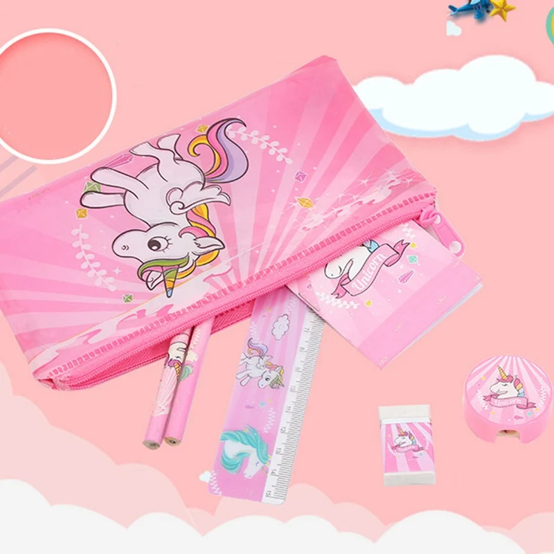 

1 Set Cartoon Unicorn Pencil Case For Girls Cute Stationery Set Pen Bag With Ruler Eraser Kids Gift Office School Supplies