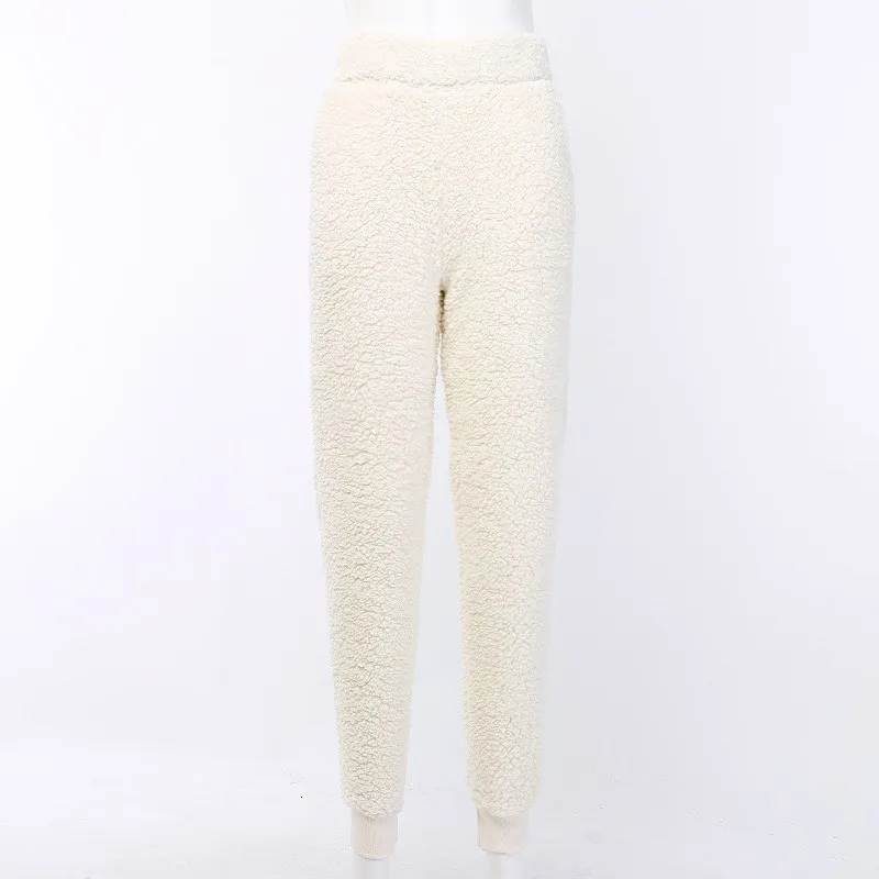 Осень Зима пушистые брюки женские повседневные уличные подходящие белые брюки