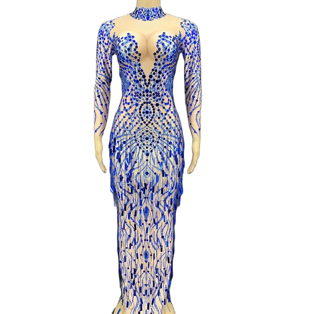 

Shining Diamonds Long Sleeves Hook Flower Hollow Women Dress Royal Blue Ankle-Length V-Neck Sheath Long Banquet Spandex Dresses