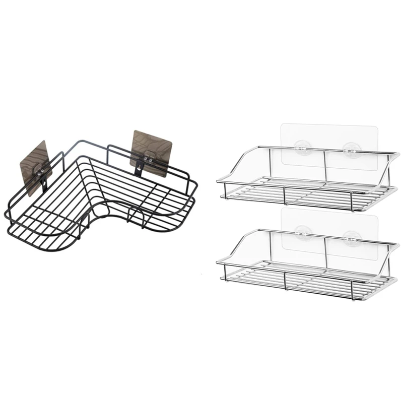 

2Pcs Bathroom Shelf, Wall Mounted Shower Caddy Traceless Adhesive, Stainless Steel(Silver) & 1Pcs Adhesive Wall-Mounted Bathroom