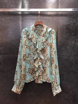 

2019 Autumn & Winter New Arrival Elegant Fashion Long Sleeve Flowers Print 100% Silk Women Shirt with Ruffles
