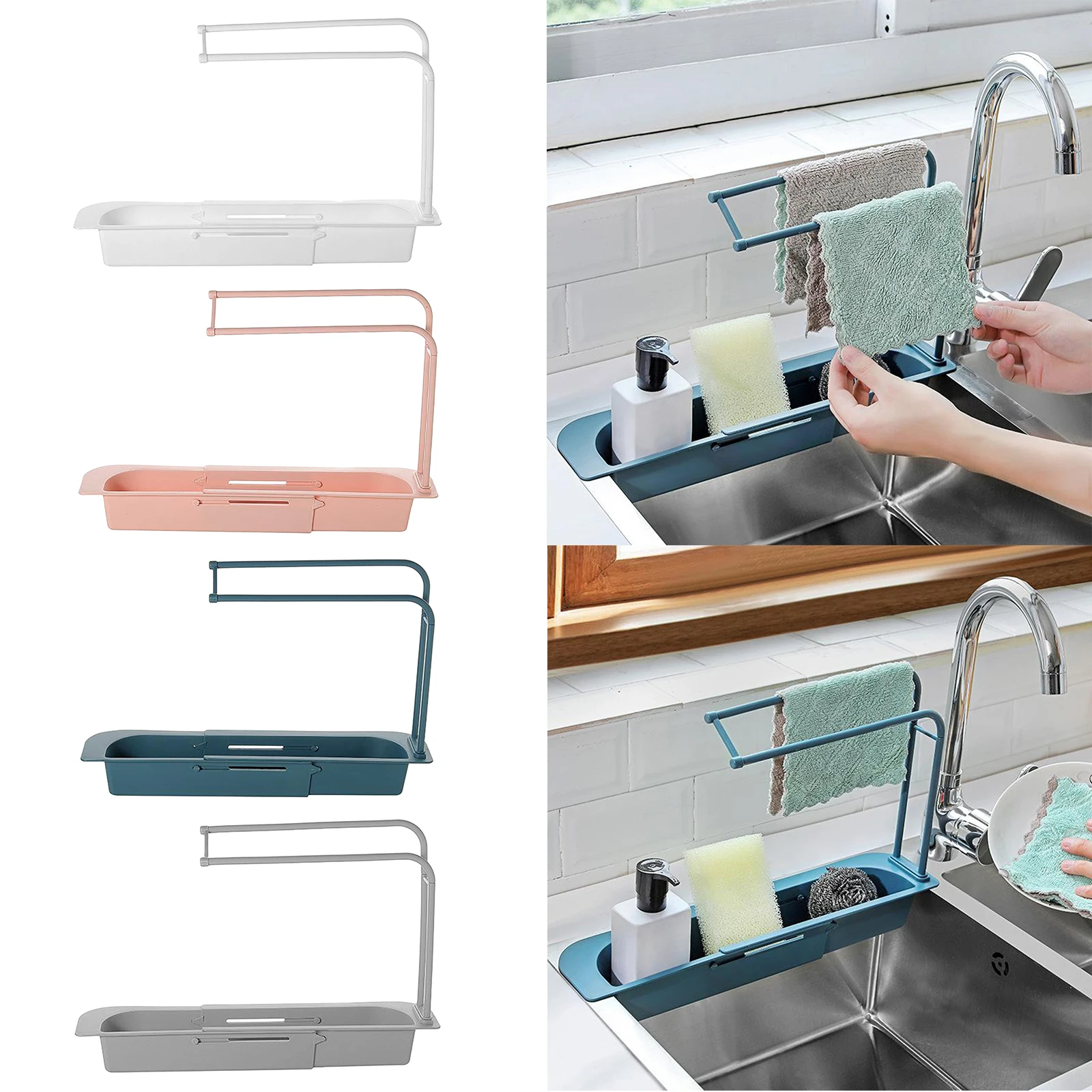 Telescopic Sink Drain Basket Dish Cloth Rack Shelf Kitchen Organizer Plastic PP