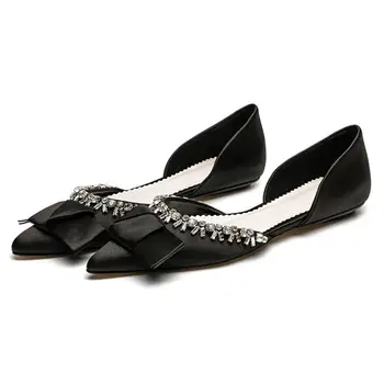 

Flat shoes women 2020 spring summer new beaded decorative shallow flat heel pointed toe bow rhinestone wedding shoes women