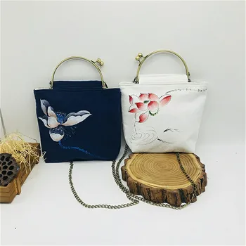 

B02133 National Style Lotus Hand Painted Women's Shoulder Bag 2020 Handbags Ladies Canvas Totes Crossbody Bags with Chain