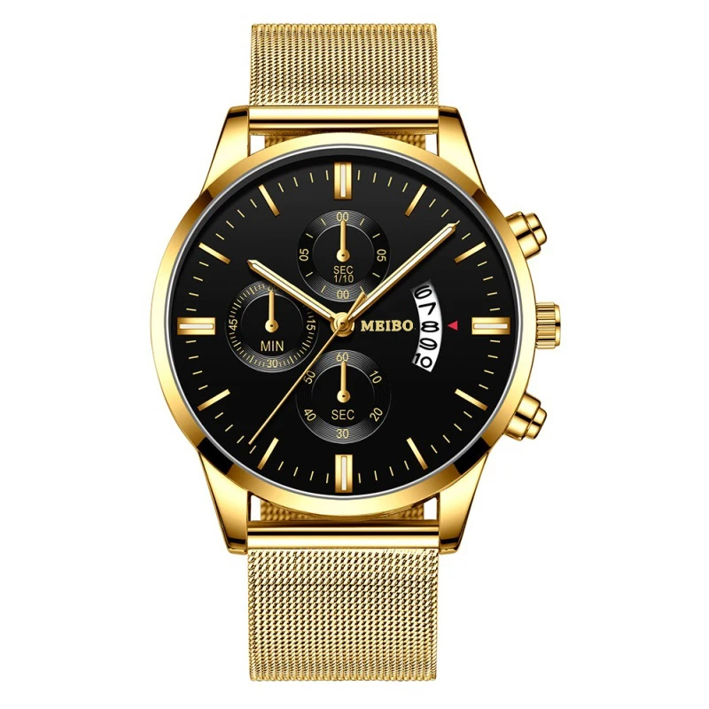 Тренд Высокое качество Мужские часы кожа кварц точность весы календарь большой циферблат ретро мужские повседневные спортивные часы Relogio - Цвет: Gold black