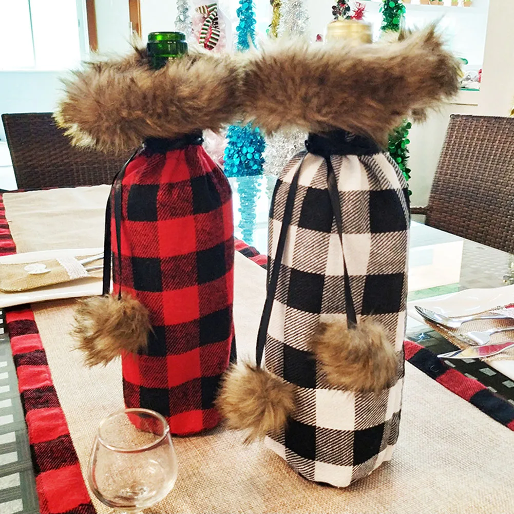 

Christmas Decorations Christmas Red Wine Bottle Cover Home Decoration Red and Black Chequered Christmas Wine Bottle Cover