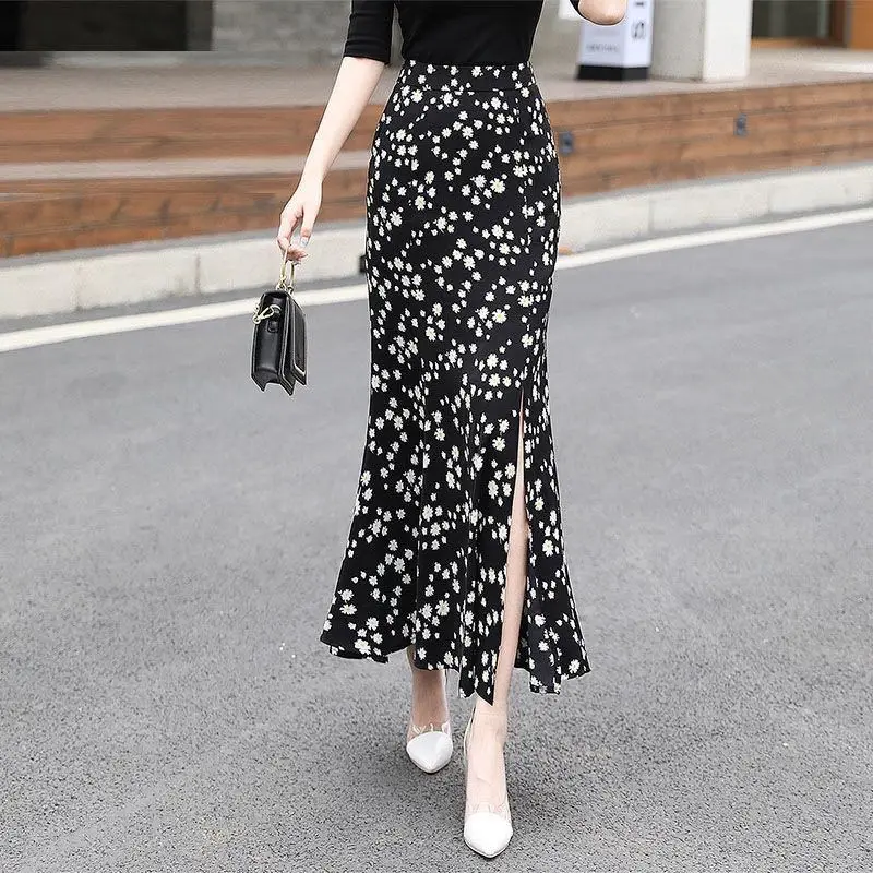 

Split Fishtail Skirt Floral Women's Summer High Waist A- line Dress Chiffon Woman Skirts Mujer Faldas Saias Mulher