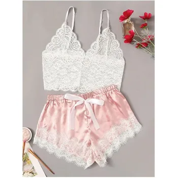 

2pcs Womens Lace Pajama Set Sleeveless Crop Tops Elastic Bowknot Shorts Ladies Two Piece Set Solid Color Sleepwear Summer Pajama