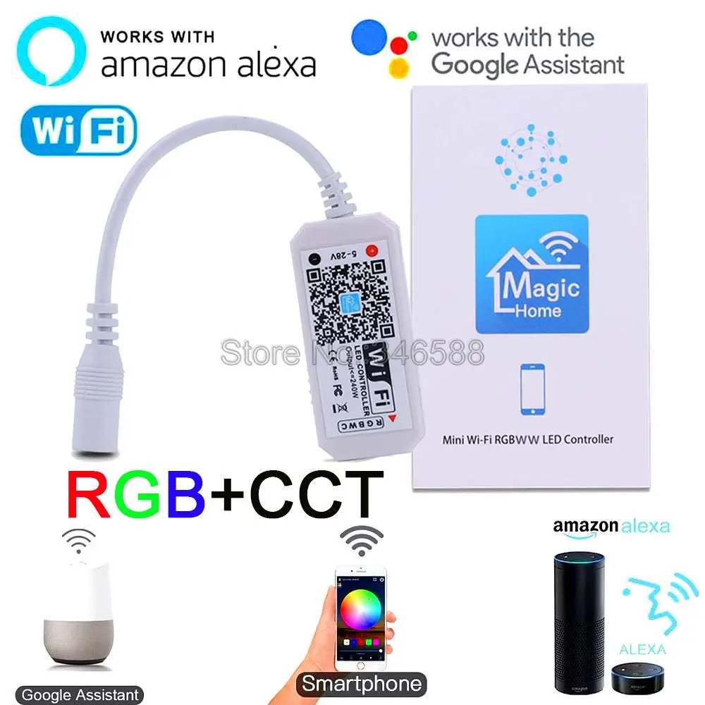 

Magic Home Mini Wireless WiFi RGB+CCT Controller 12V 24V Phone APP Control Alexa Google Home Voice Control For RGBCCT LED Strip