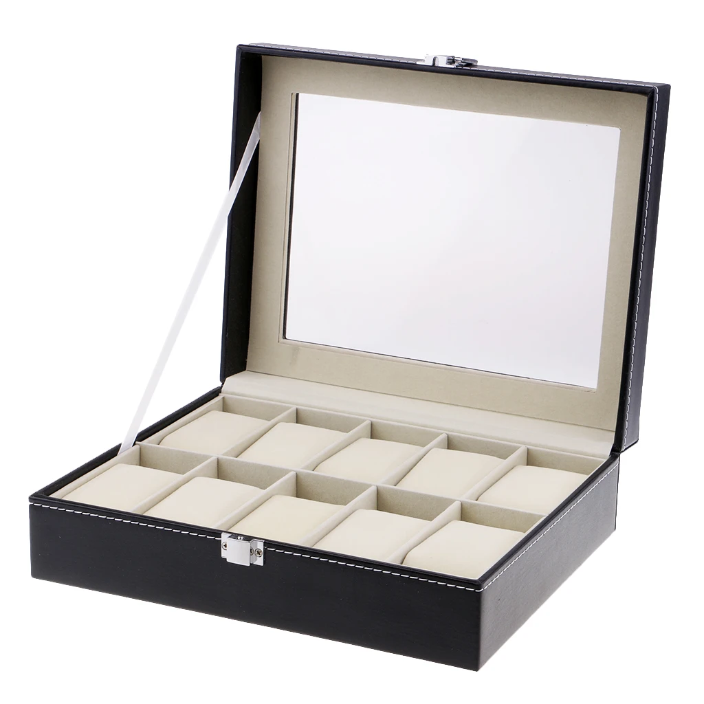 

10 Slots Portable Watch Display Case with Lock Jewelry Storage Box Black Cufflinks Earrings Bracelets Boxes