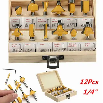 

12Pcs 1/4in Professional Woodworking Milling Cutters Shank Tungsten Carbide Router Bit Set with Wood Case For Engraving Cutting