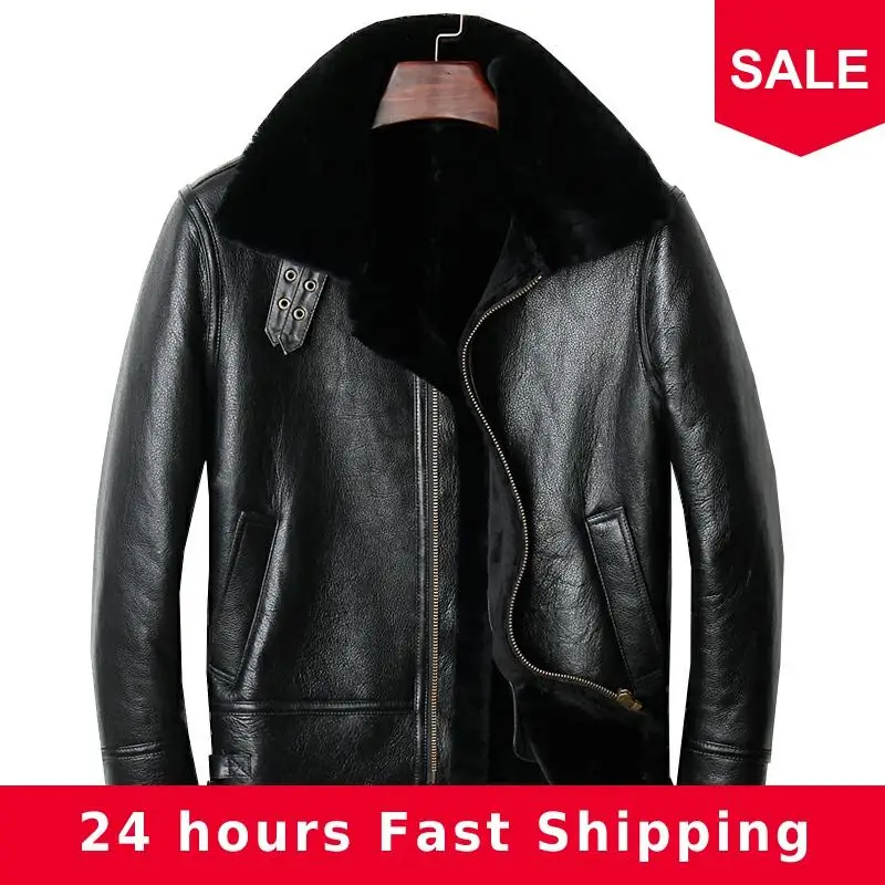

2020 Black Men Genuine B3 Bomber Pilot Shearling Coat Plus Size 4XL Russian Autumn Thick Short Aviator Leather Jacket