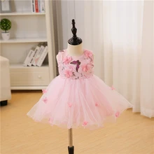 Платье с цветочным узором для маленьких девочек, с цветочной аппликацией, розовый тюль кружева, наряды подружки невесты, детская одежда, платье для первого дня рождения для маленьких девочек