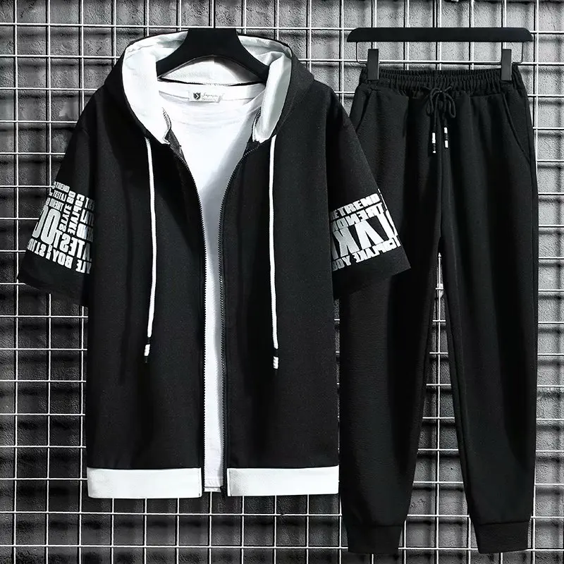 Men Clothing Two Piece Set Hooded Zipper Short Sleeve Tops + Elastic Waist Trousers Korean Streetwear Tracksuit Men sports set tracksuit set