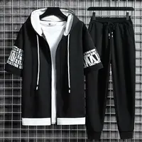 Men's Sets Hooded Zipper Short Sleeve Tops+ Elastic Waist Trousers Men Clothing Two Piece Set Korean Streetwear Tracksuit Men 1