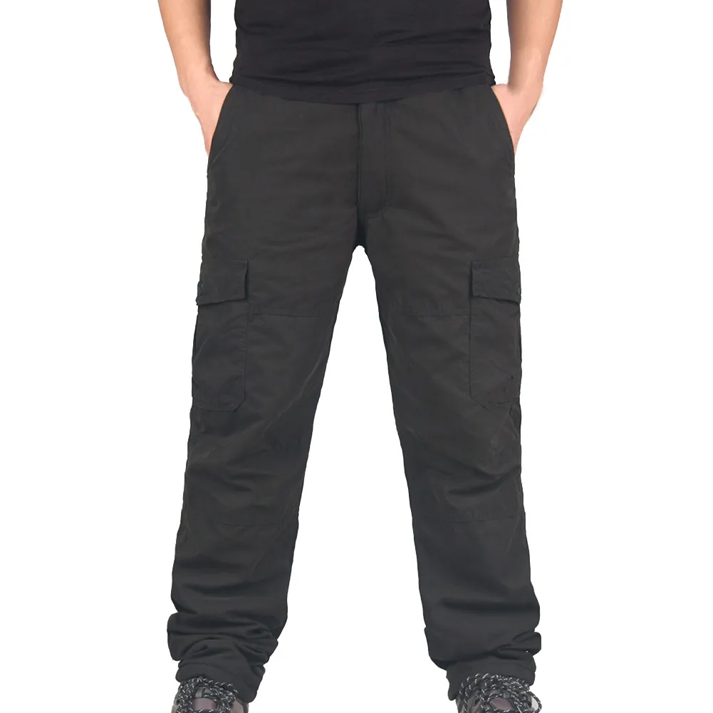 Высокое качество мужские рабочие зимние теплые термо флисовые брюки с подкладкой мульти-карманы толстые свободные брюки NCM99 - Цвет: Черный