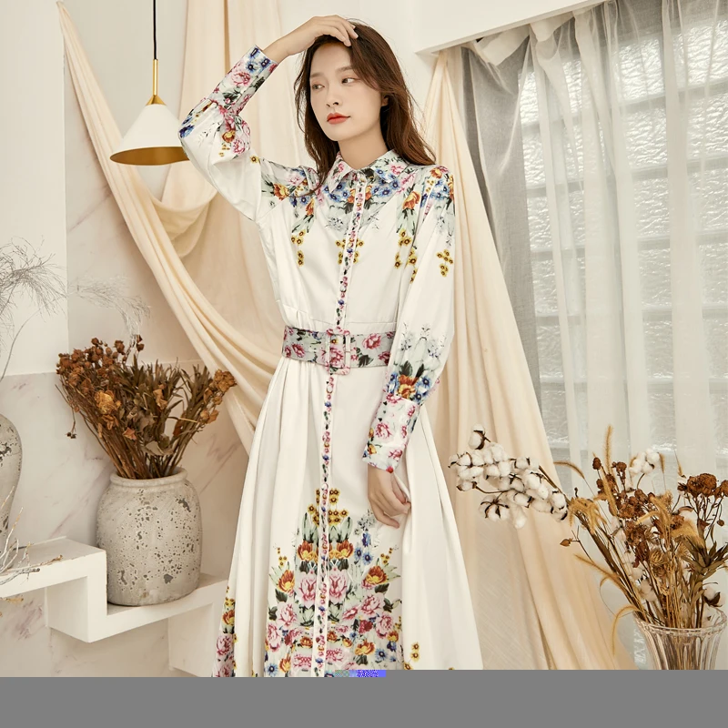 Video video posed long skirt autumn new palace aristocratic temperament lantern sleeve with waist print dress