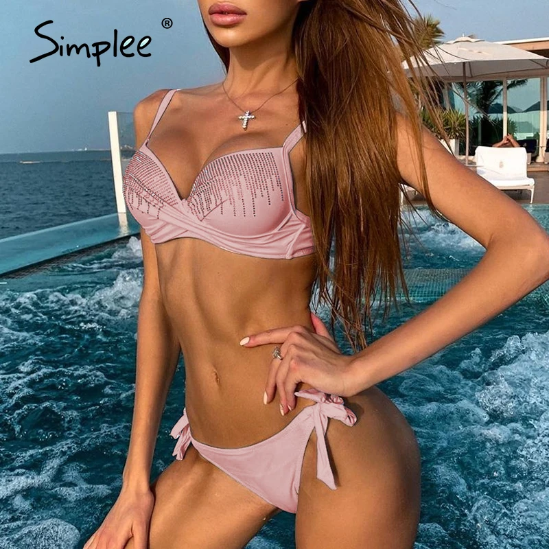 Simplee сексуальные стразы комплект бикини Push up Узелок из двух частей бантик ремень
