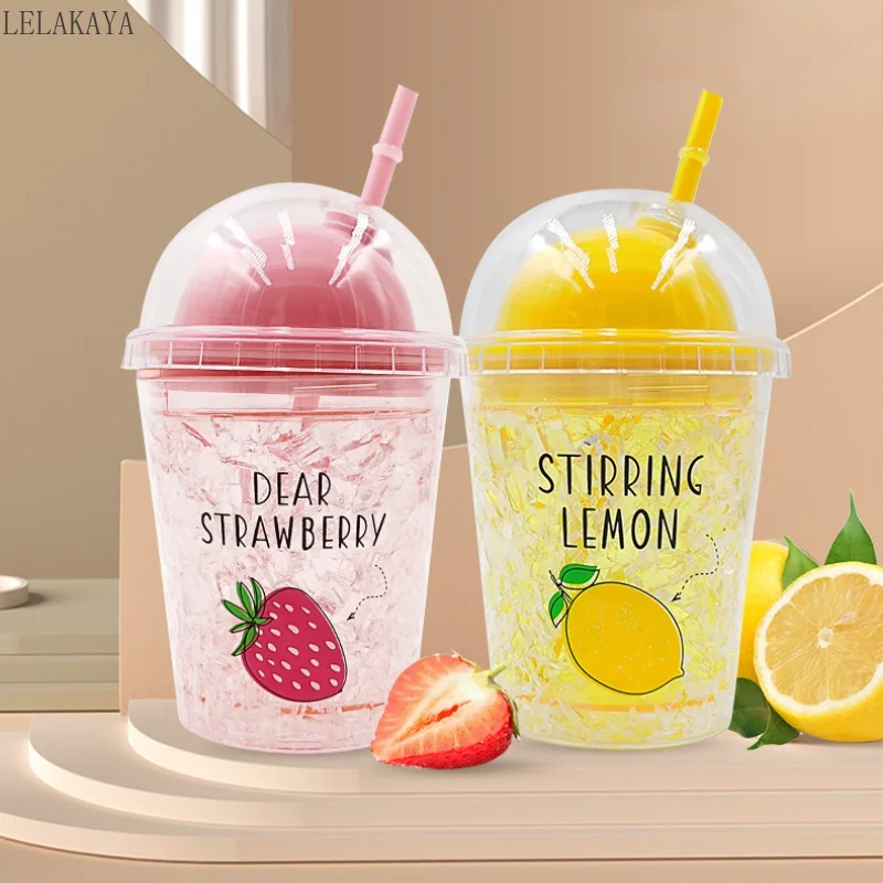 Summer Cold Drink Ice Cup Creative Simple Double-layer Plastic Fruit Shape  Straw Cup Student Drinking Cup Gift for Friends - AliExpress