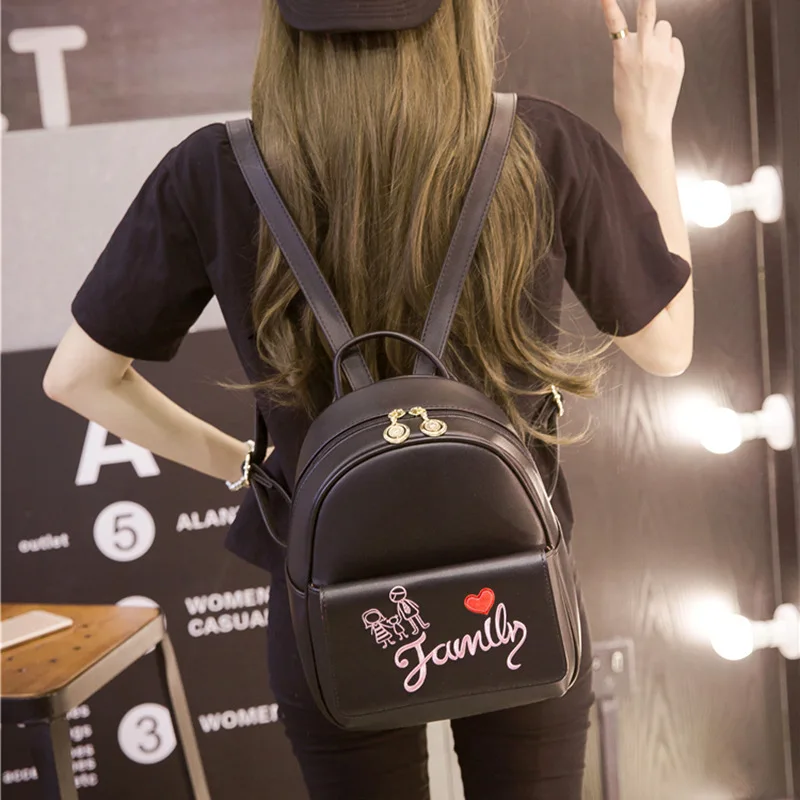 Female small backpack bag black color letter printed leather school bags for girls PU leather women plecaki damskie 2020