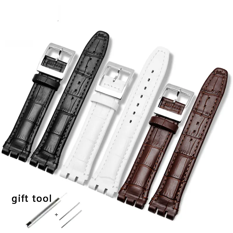 

17mm 19mm Genuine leather watch strap with stainless steel buckle black white brown strap adaptation Swatch YCS YAS
