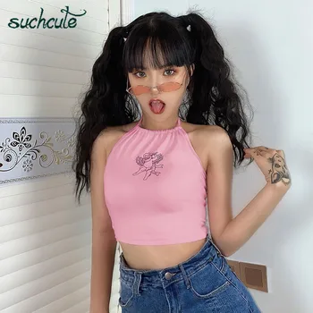

SUCHCUTE halter female T-shirt skinny cropped tops lace up summer 2020 vintage pink casual tees backless angel women clothes
