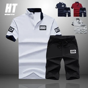 2022 New Tracksuit Men Sets Summer 2 Pieces Sportswear Set+ Gym Fitness Sport Shorts Casual Letter Printing Polo Sweat Suit 4XL