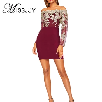 

MISSJOY Elegant Party Ladies Slash Collar Women Dresses 2019 Autumn Mini Embroidery Bodycon Slim Sexy Mesh Patchwork Long Sleeve