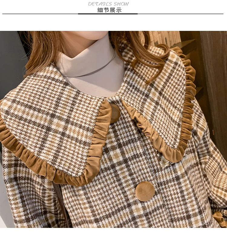 Autumn Winter Women Tweed Coats Peter Pan Collar Single-breasted Khaki Checked Overcoat Womans Plus Size Wool Blend Outerwear