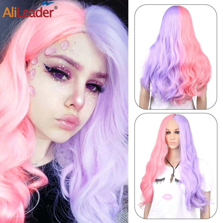 

Alileader 24" Long Straight Front Lace Hair Wig Half Black And White Middle Part Synthetic Hair Half Pink And Blue Lace Wig Hair