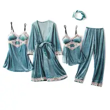 Зимняя Новинка, бархатная Домашняя одежда, 5 шт., женская ночная рубашка и халат, костюм, пижама с длинным рукавом, ночная рубашка, утепленное кимоно, ночная рубашка