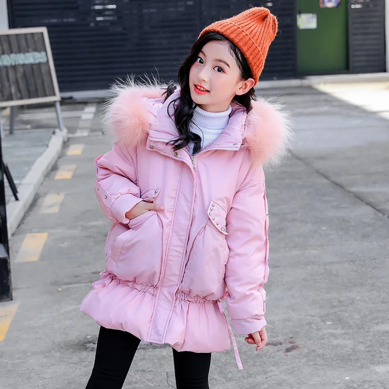 

Girl's Long Sleeve Coats Hooded Zip Up Polyester Down Coat Jacket with Pockets Warm Winter (Pink, Medium) Artificial Fur Collar