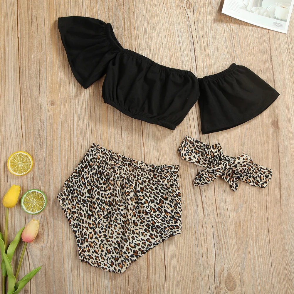 Baby Summer Clothing Infant Baby Girl Clothes Off-Shoulder Tops Vest Leopard Shorts Headband 3PCS Outfits Set 0-18M